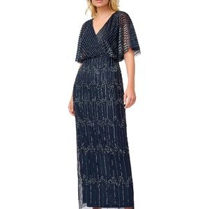 Adrianna Papell Beaded Surplice Tea Length, Gown, Dress, Navy, size 16